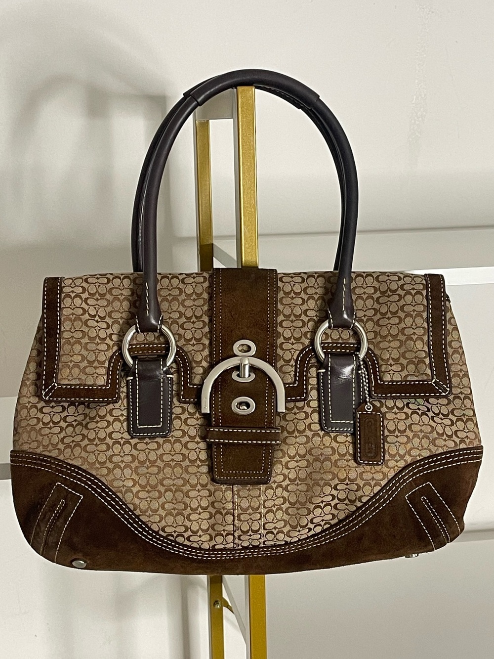 Coach 2005 Soho Canvas, Suede & Leather Trim Signature Buckle Flap Satchel